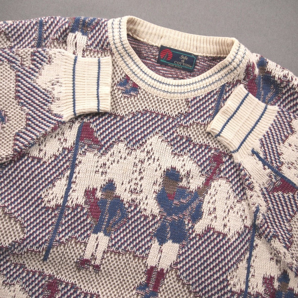 Vintage USA Golf Scene Isle of Cotton Jacquard Knit Men Sweater XL Knit Retro